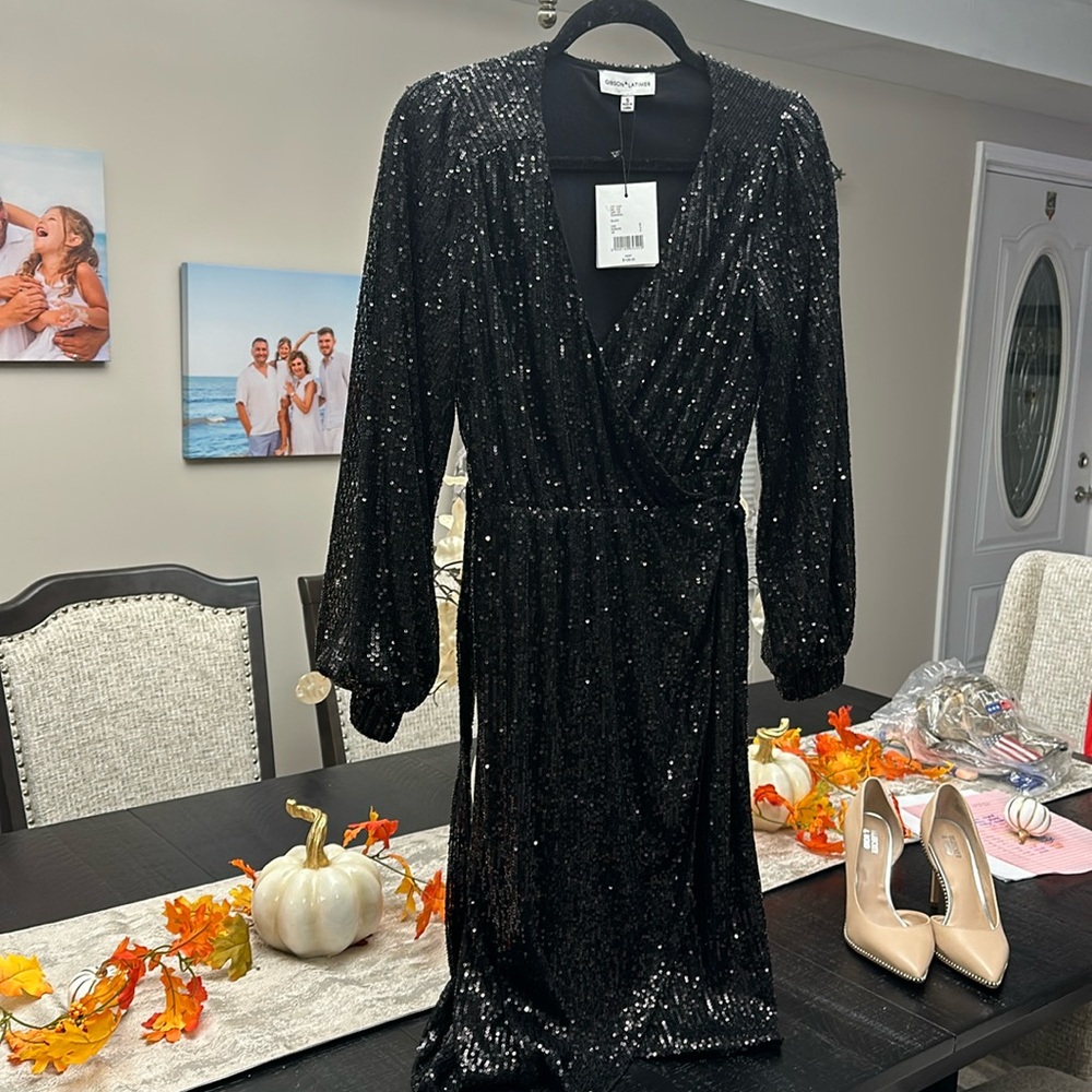 Gibson Latimer Sequin Black Crossbody/Wrap Dress Sz S NWT